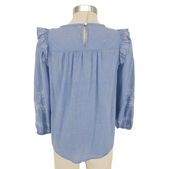 Ann Taylor LOFT Shirt Blue Floral Embroidered Ruffle Long Sleeve Smocked Medium - Picture 6 of 9